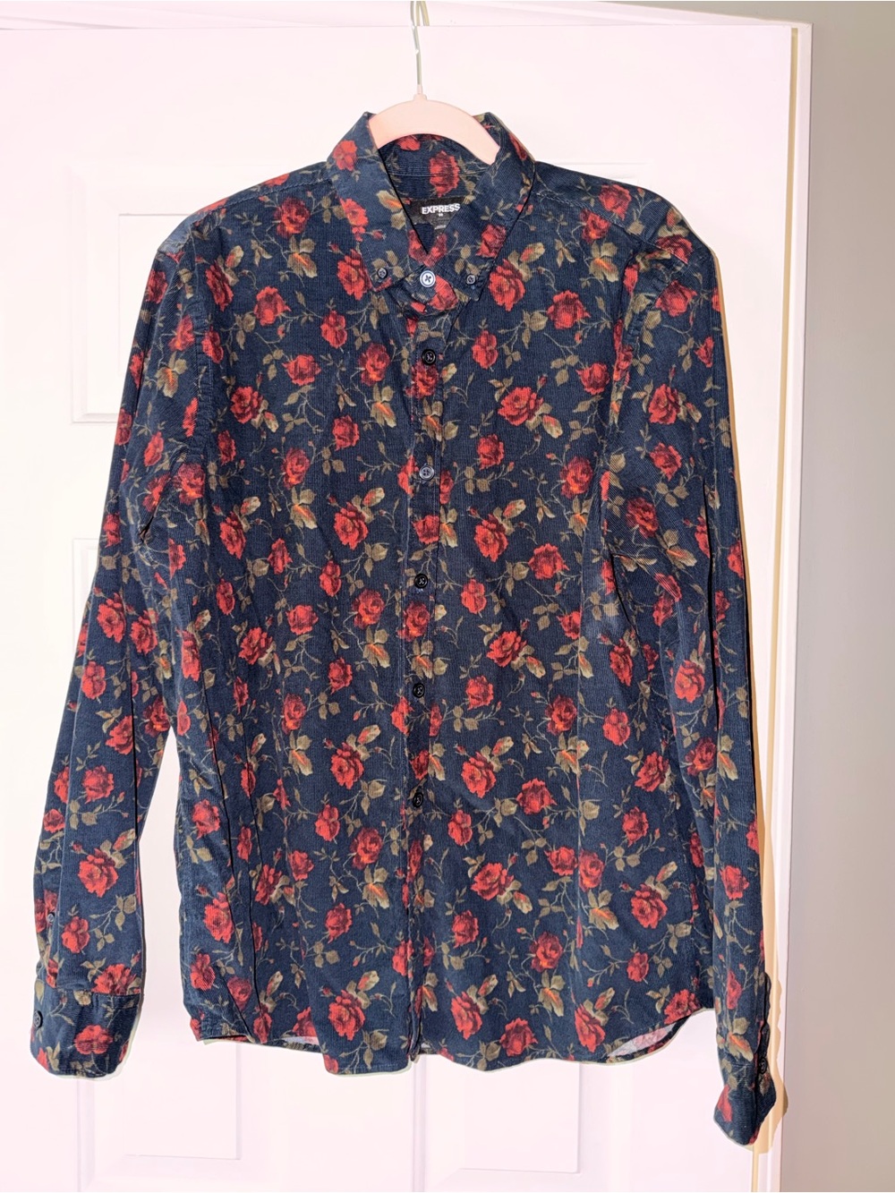 Express Navy Button-Down Shirt with Red Floral Print
